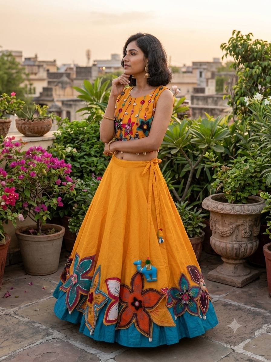The Mustard Floral Patchwork Lehenga Set