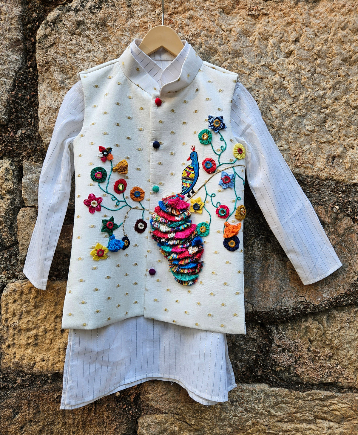The Peacock Kurta Pyjama & Jacket set- Ivory Shade