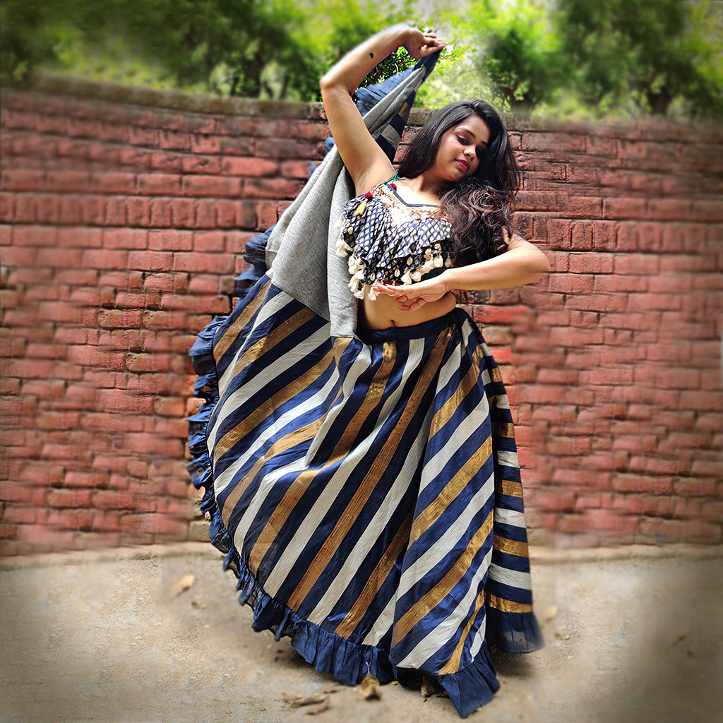 Jhilmil Crop Top With Striped Blue Skirt