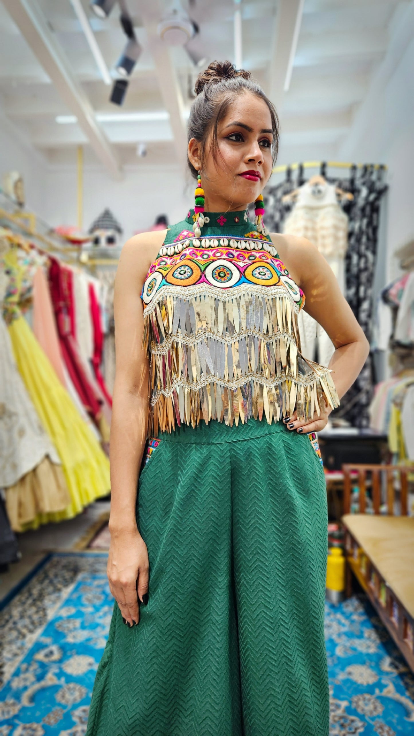 'The Bling'- Kuttchi Embroidery and Gold Sequins Top and Flared Pants Set