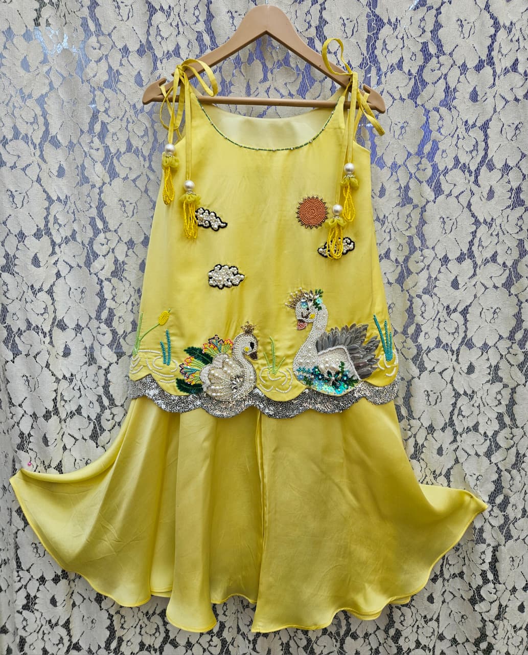 Girls Designer Yellow Swan Embroidered A-line Top & Flared Pants Set | Festive Kids Wear