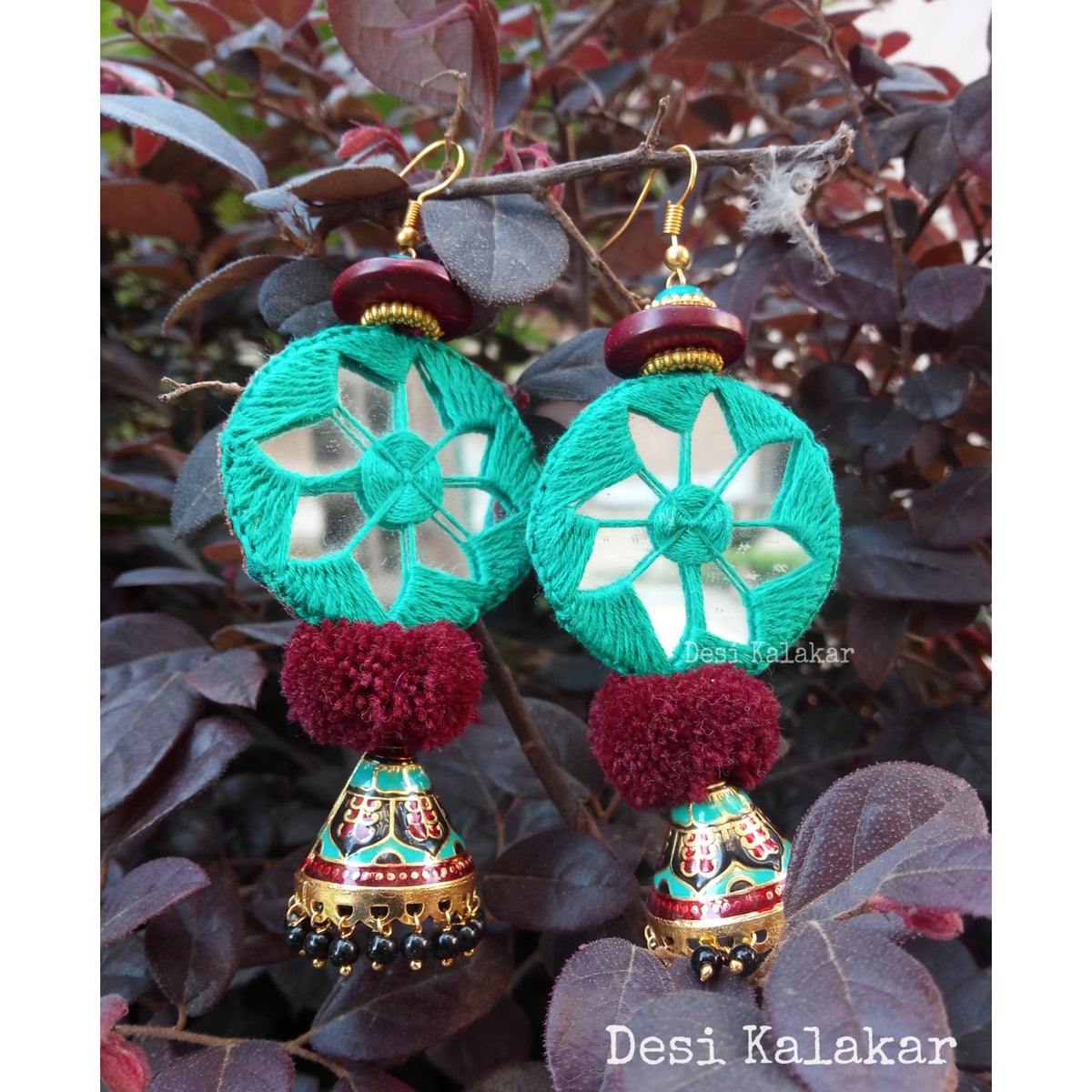 sea green mirror work jhumka