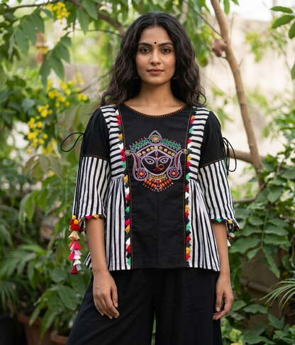 Black & White Stripes "Shakti" Flared Threadwork Top
