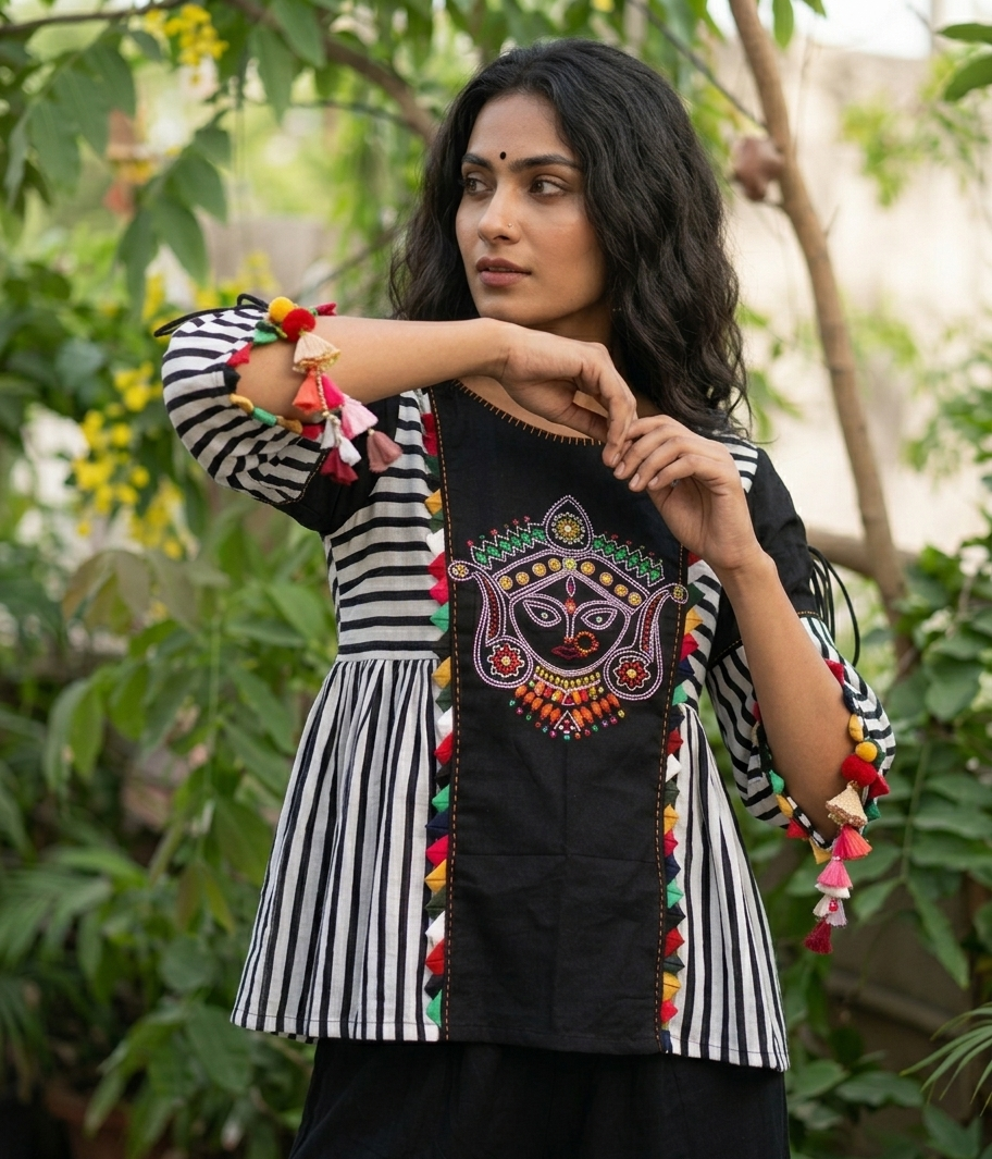 Black & White Stripes "Shakti" Flared Threadwork Top