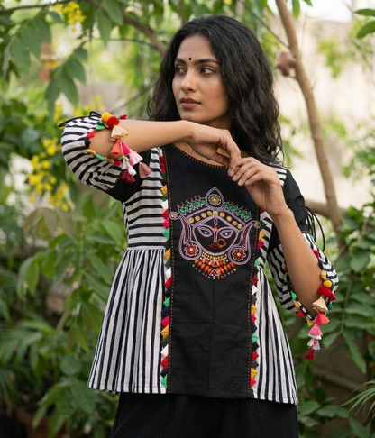 Black & White Stripes "Shakti" Flared Threadwork Top