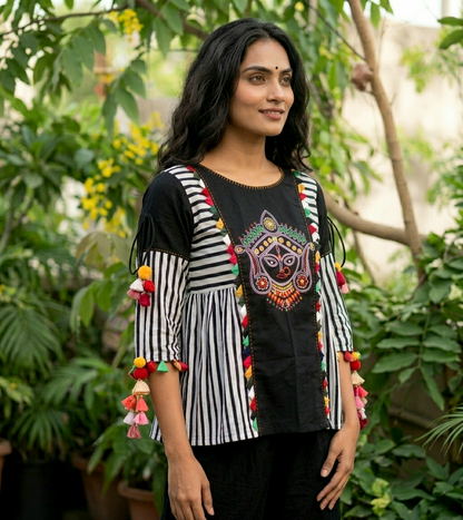 Black & White Stripes "Shakti" Flared Threadwork Top