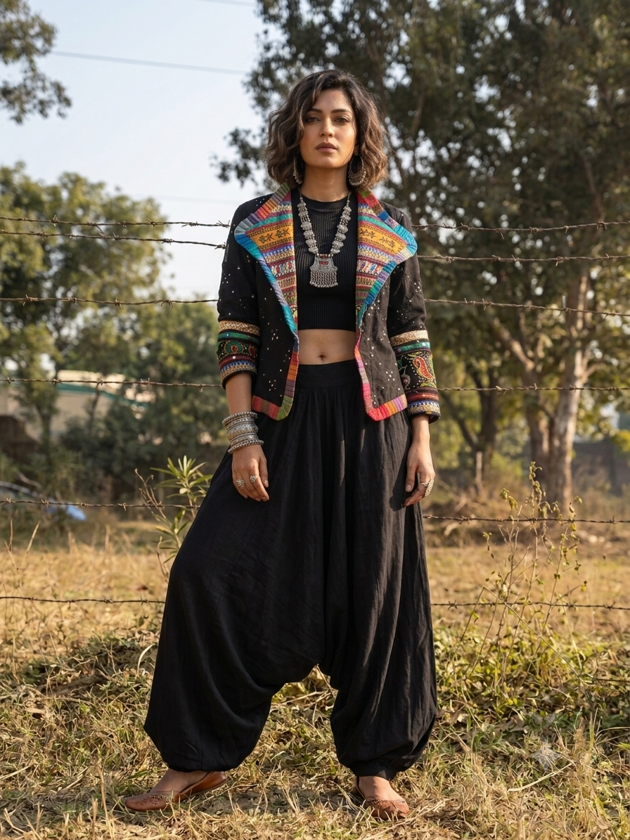 Handcrafted Bohemian Embroidered Jacket and Harem Pant Set - Black
