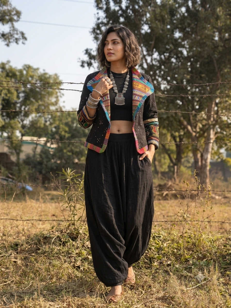 Handcrafted Bohemian Embroidered Jacket and Harem Pant Set - Black