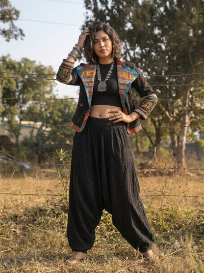 Handcrafted Bohemian Embroidered Jacket and Harem Pant Set - Black