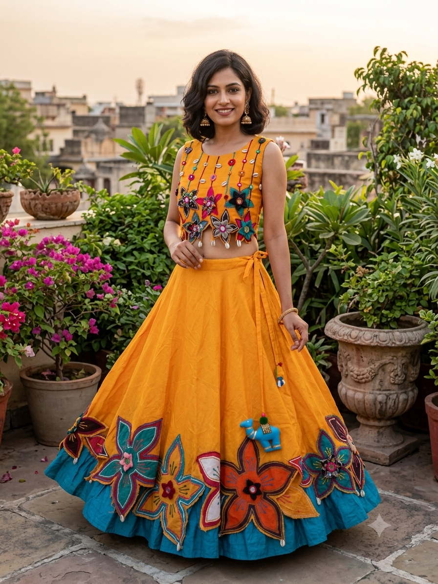 The Mustard  Floral Patchwork Lehenga Set