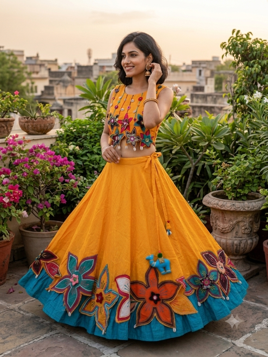 The Mustard  Floral Patchwork Lehenga Set