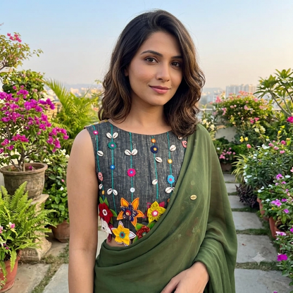 Handcrafted Patchwork Blouse with 3D Flowers & Shells