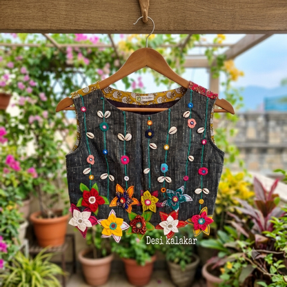 Handcrafted Patchwork Blouse with 3D Flowers & Shells