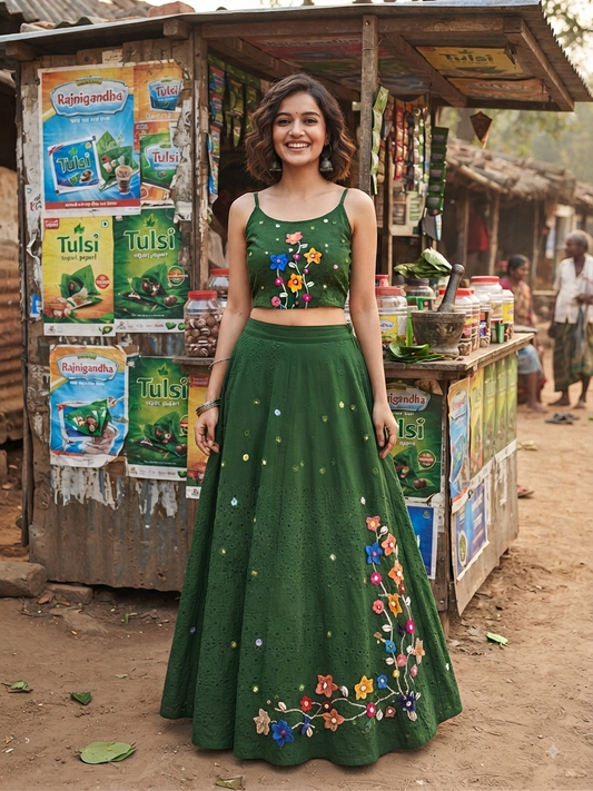 Handcrafted Green Cotton Chifley Cord Set | 3D Dori Phool & Mirror Work womens Co-ord