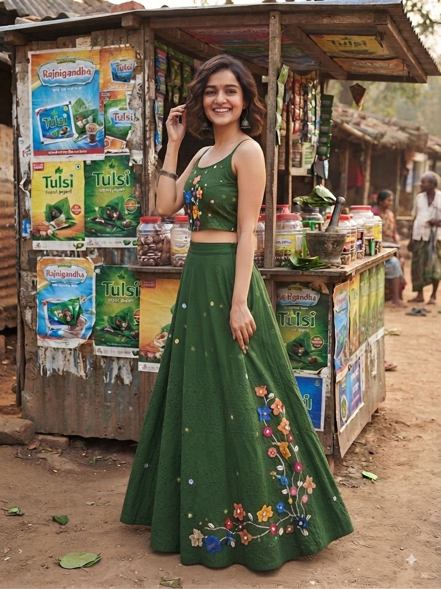 Handcrafted Green Cotton Chifley Cord Set | 3D Dori Phool & Mirror Work womens Co-ord