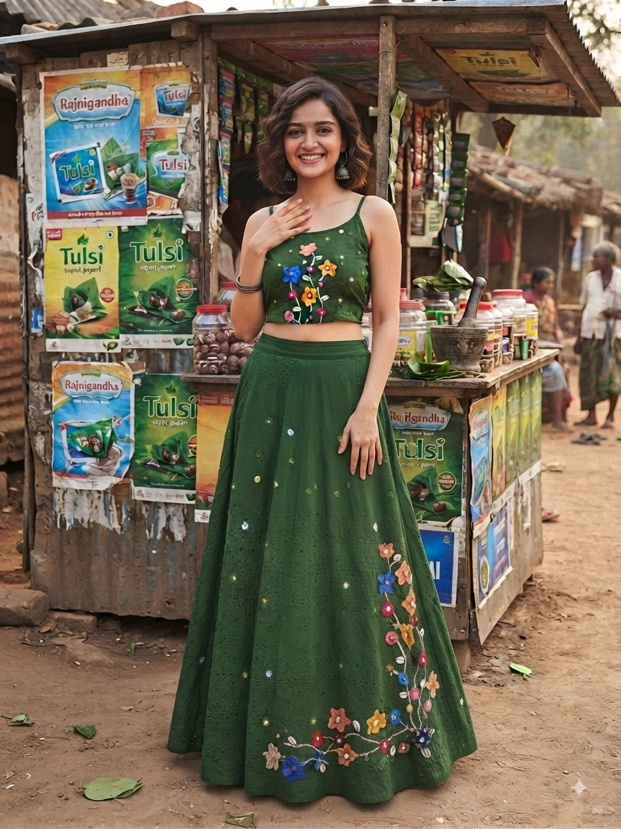 Handcrafted Green Cotton Chifley Cord Set | 3D Dori Phool & Mirror Work womens Co-ord