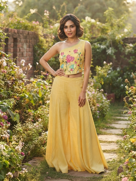 Handcrafted Yellow Silk Cord Set with Thread & Mirror Work | Desi Kalakar