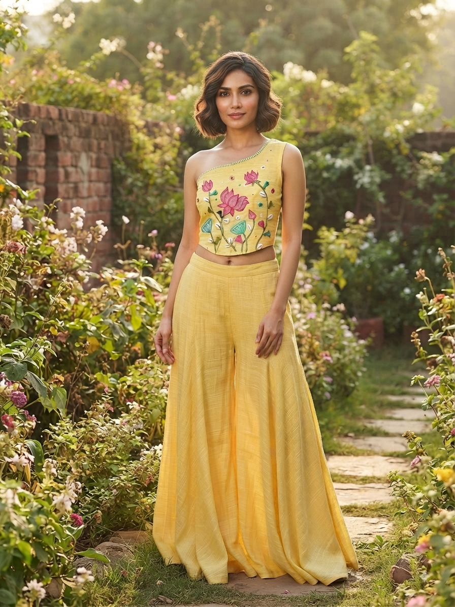 Handcrafted Yellow Silk Cord Set with Thread & Mirror Work | Desi Kalakar
