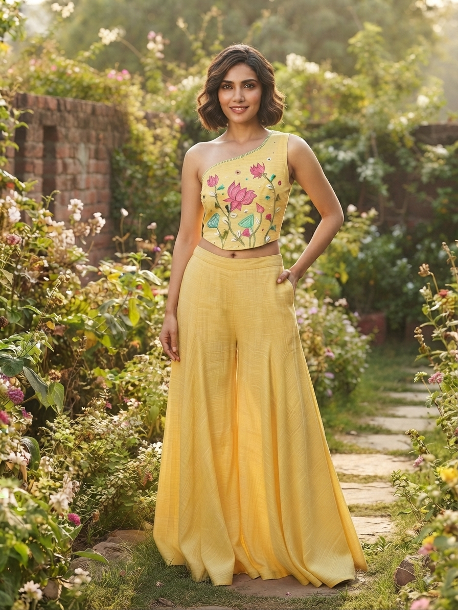 Handcrafted Yellow Silk Cord Set with Thread & Mirror Work | Desi Kalakar