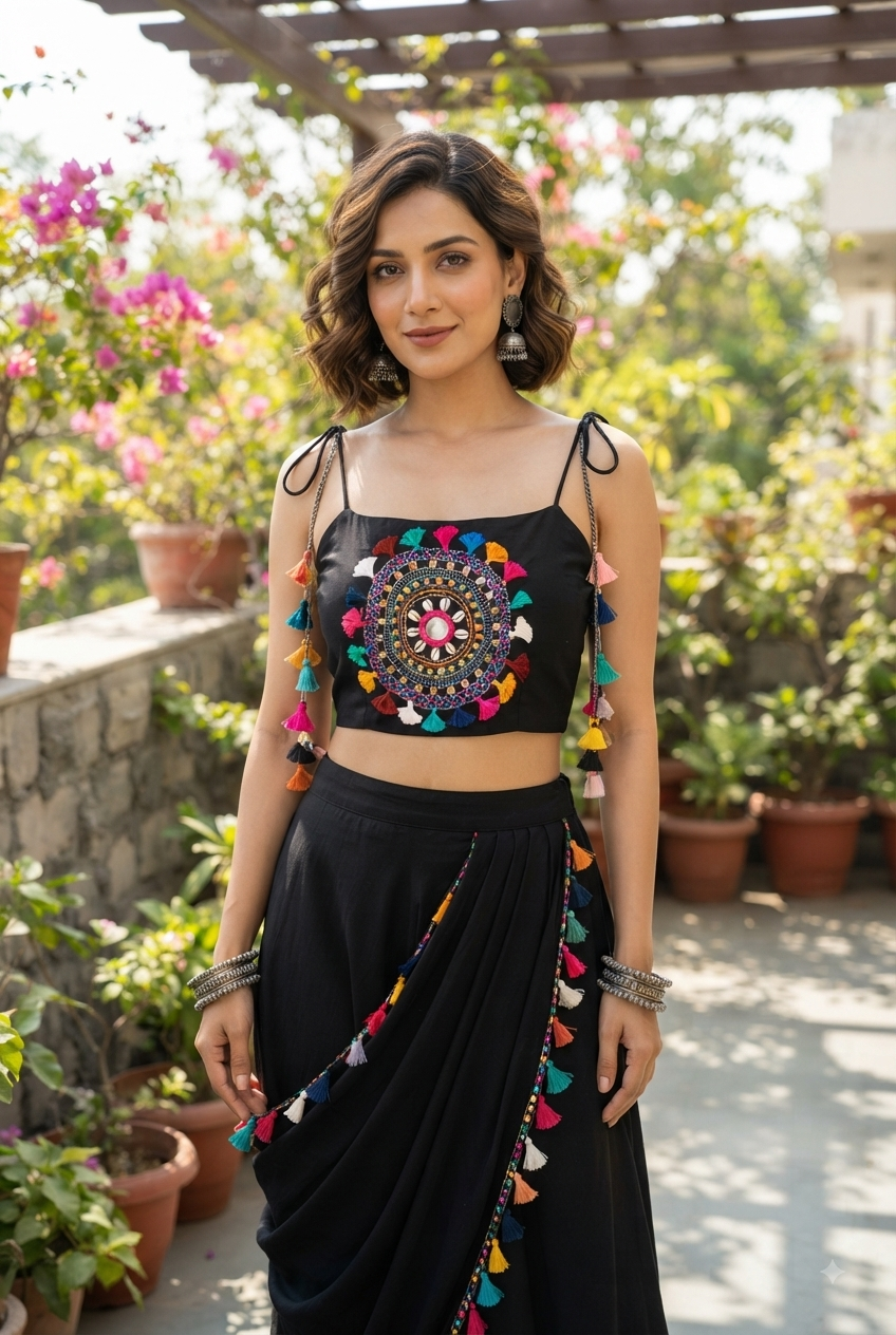Bohemian Black Silk Mandala Crop Top & Drape Skirt Set