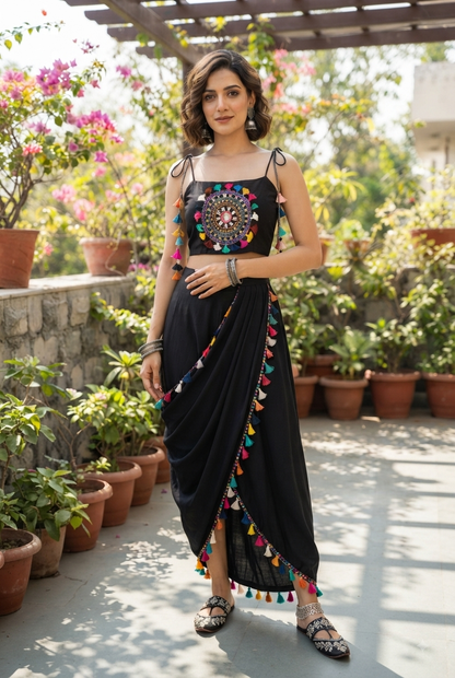 Bohemian Black Silk Mandala Crop Top & Drape Skirt Set
