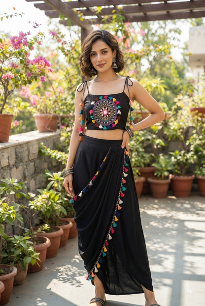 Bohemian Black Silk Mandala Crop Top & Drape Skirt Set