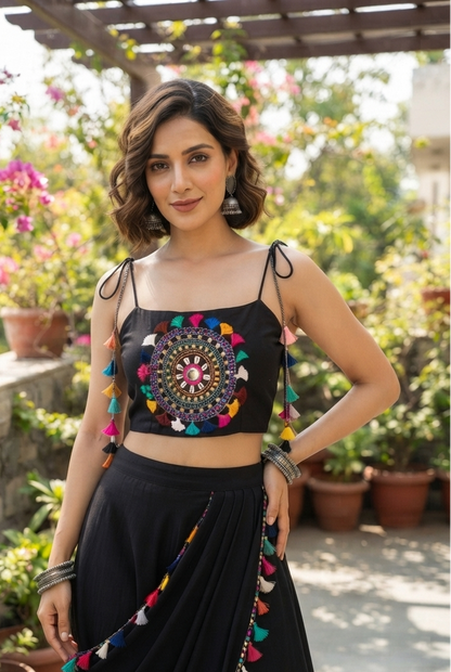 Bohemian Black Silk Mandala Crop Top & Drape Skirt Set