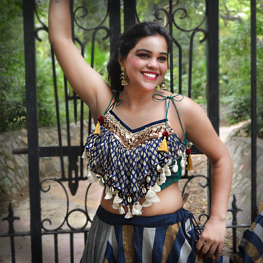 Jhilmil crop top with striped blue skirt