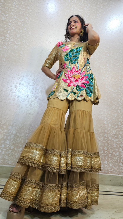 The Lotus Pond Gold Sequin Sharara Set