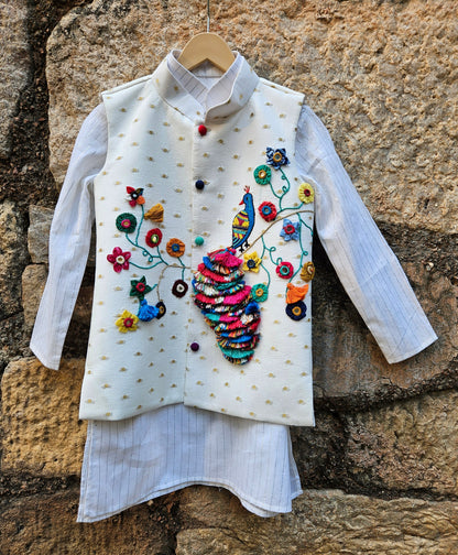 The Peacock Kurta Pyjama  & Jacket set- Ivory Shade