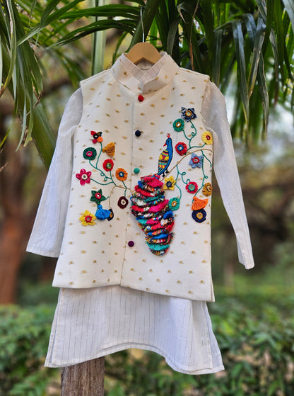 The Peacock Kurta Pyjama  & Jacket set- Ivory Shade