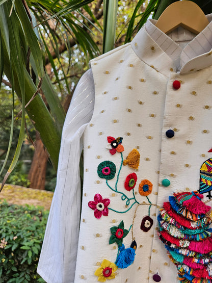 The Peacock Kurta Pyjama  & Jacket set- Ivory Shade