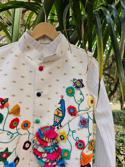 The Peacock Kurta Pyjama  & Jacket set- Ivory Shade