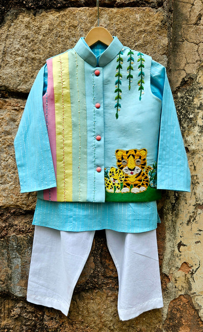Handcrafted Boys Mother & Baby Tiger Kurta Bundi Jacket Set | Desi Kalakar