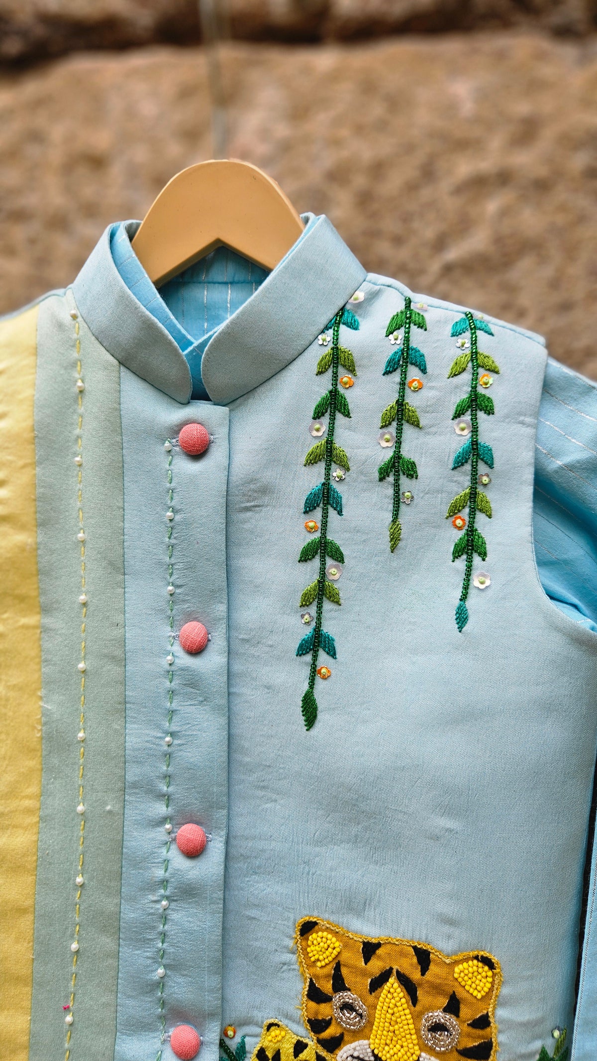Handcrafted Boys Mother & Baby Tiger Kurta Bundi Jacket Set | Desi Kalakar