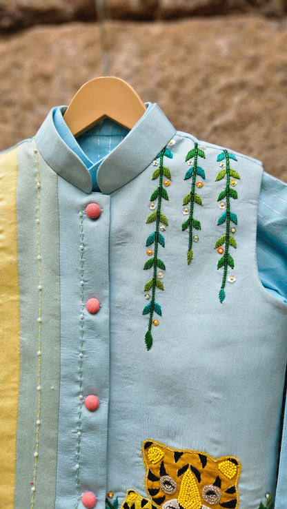 Handcrafted Boys Mother & Baby Tiger Kurta Bundi Jacket Set | Desi Kalakar