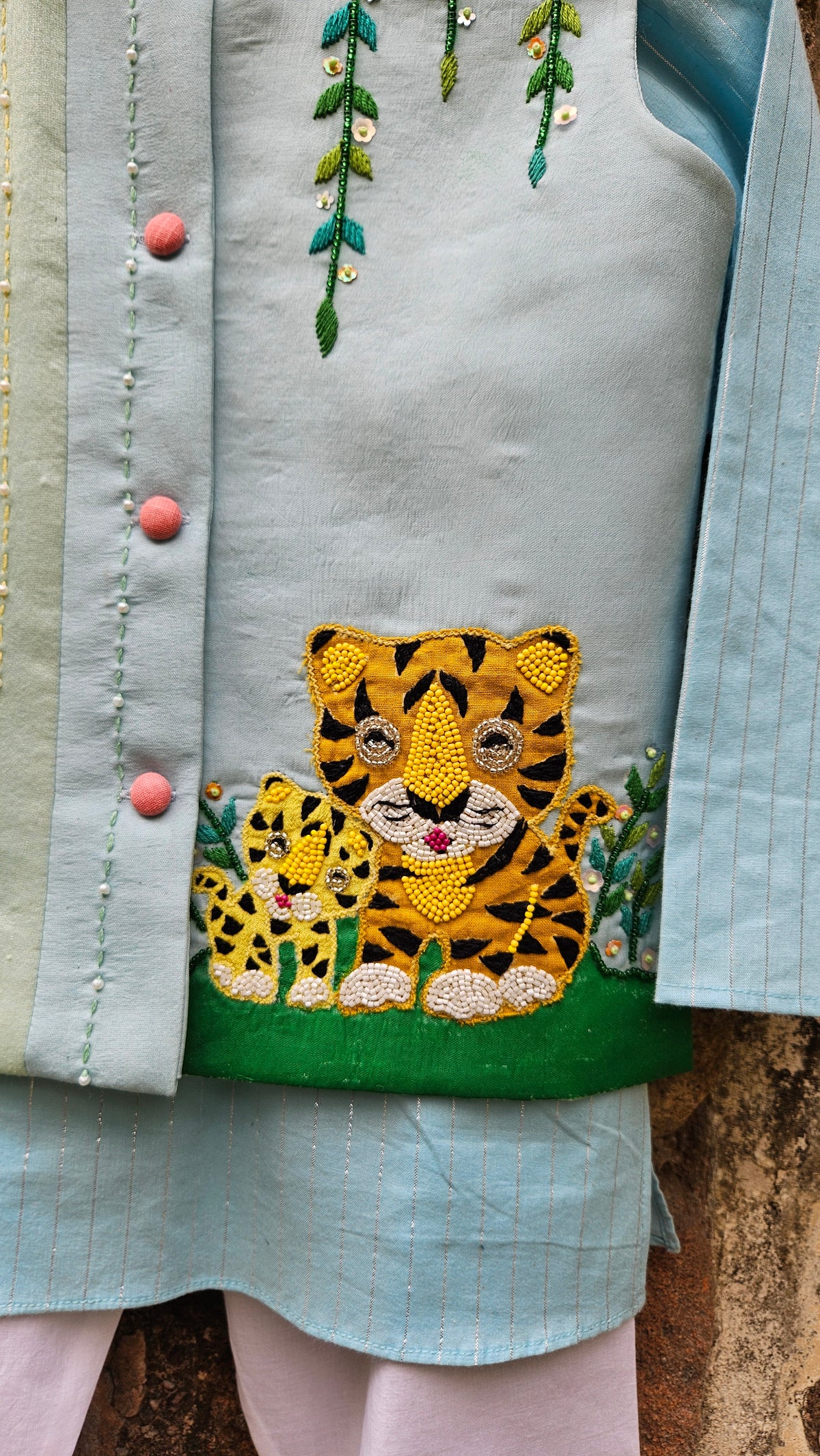 Handcrafted Boys Mother & Baby Tiger Kurta Bundi Jacket Set | Desi Kalakar