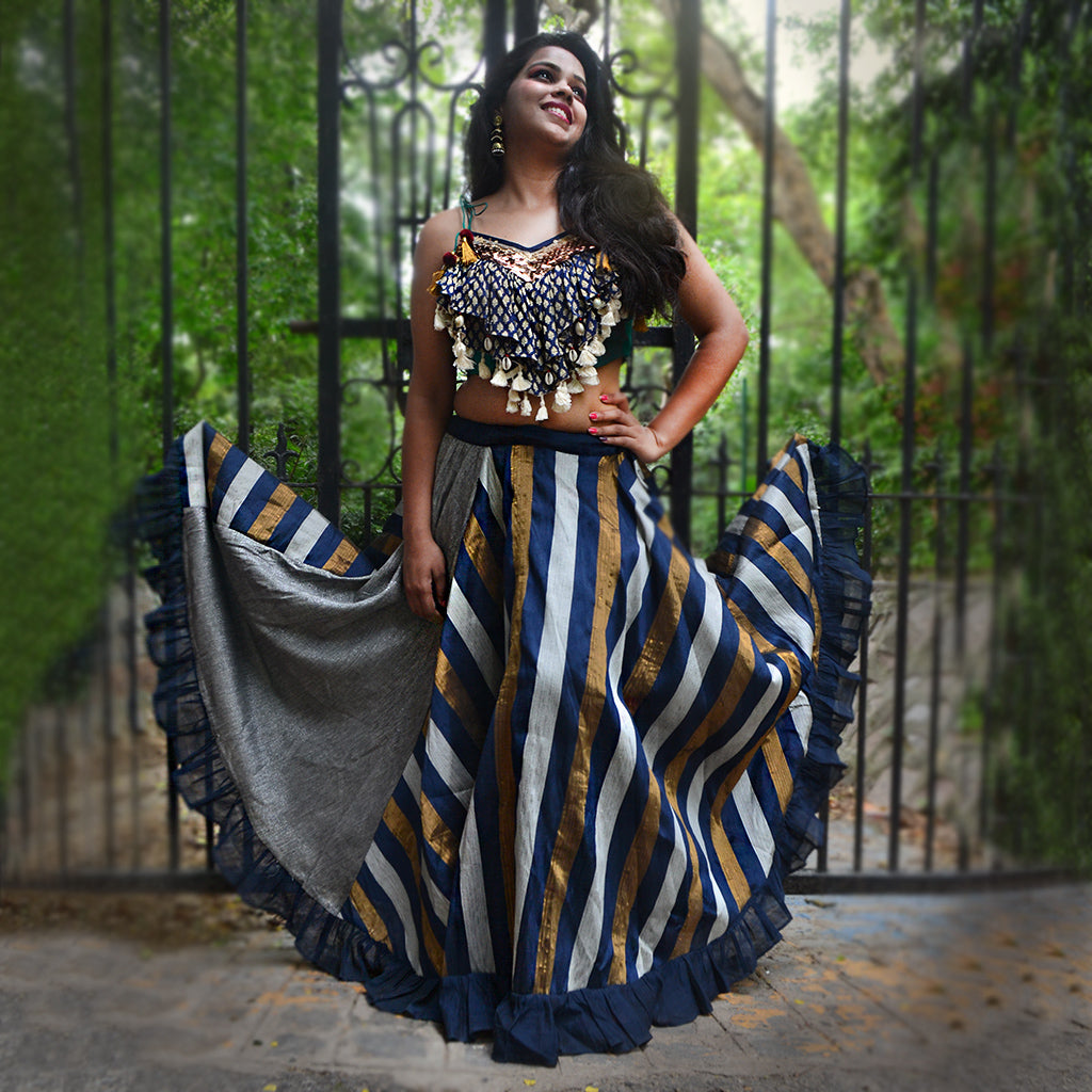 Jhilmil Crop Top With Striped Blue Skirt