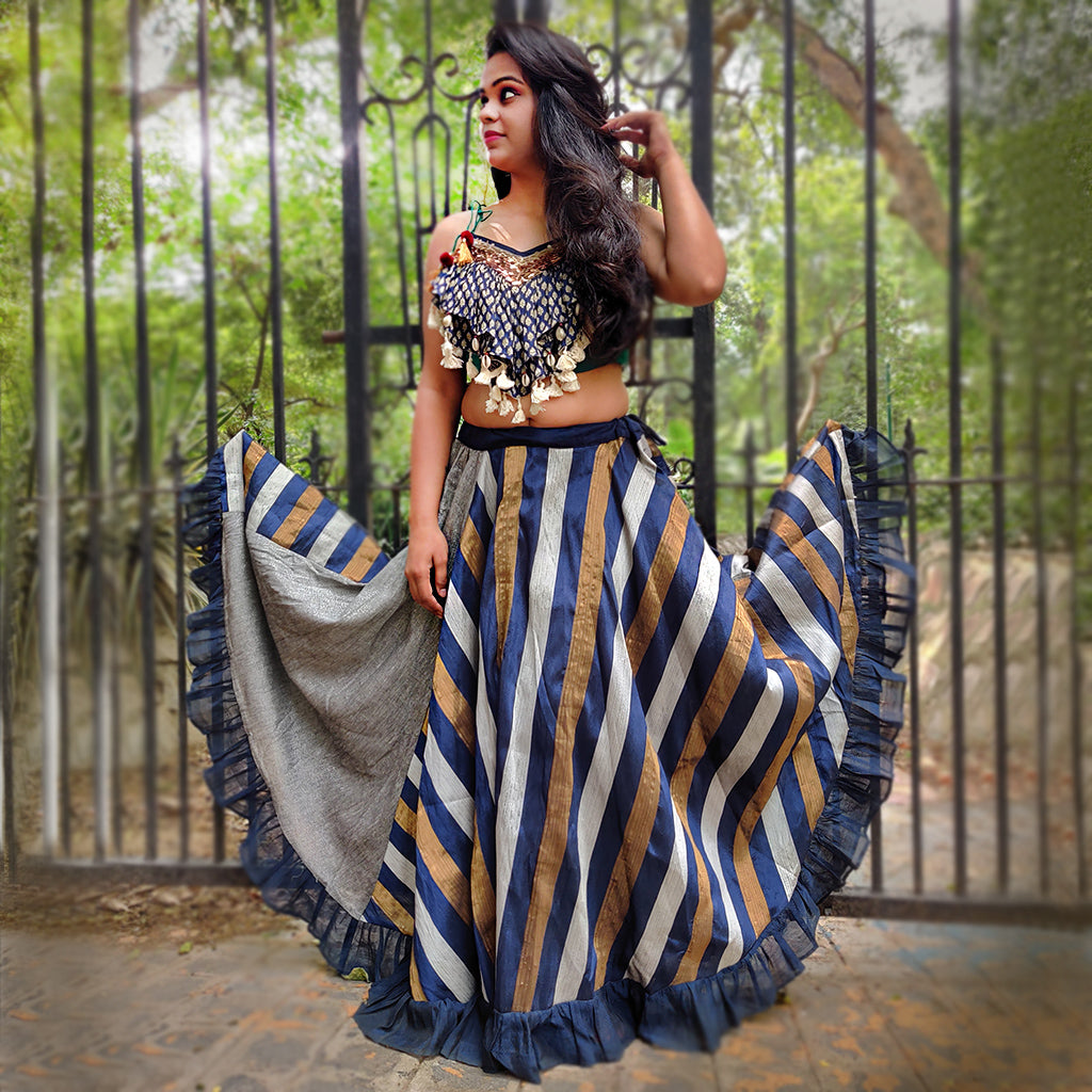 Jhilmil Crop Top With Striped Blue Skirt