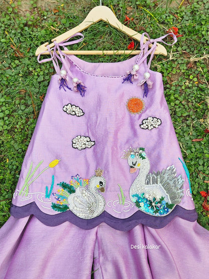 Enchanted Swan Lake Lavender A-Line Top and Flared Pants Set for Little Girls