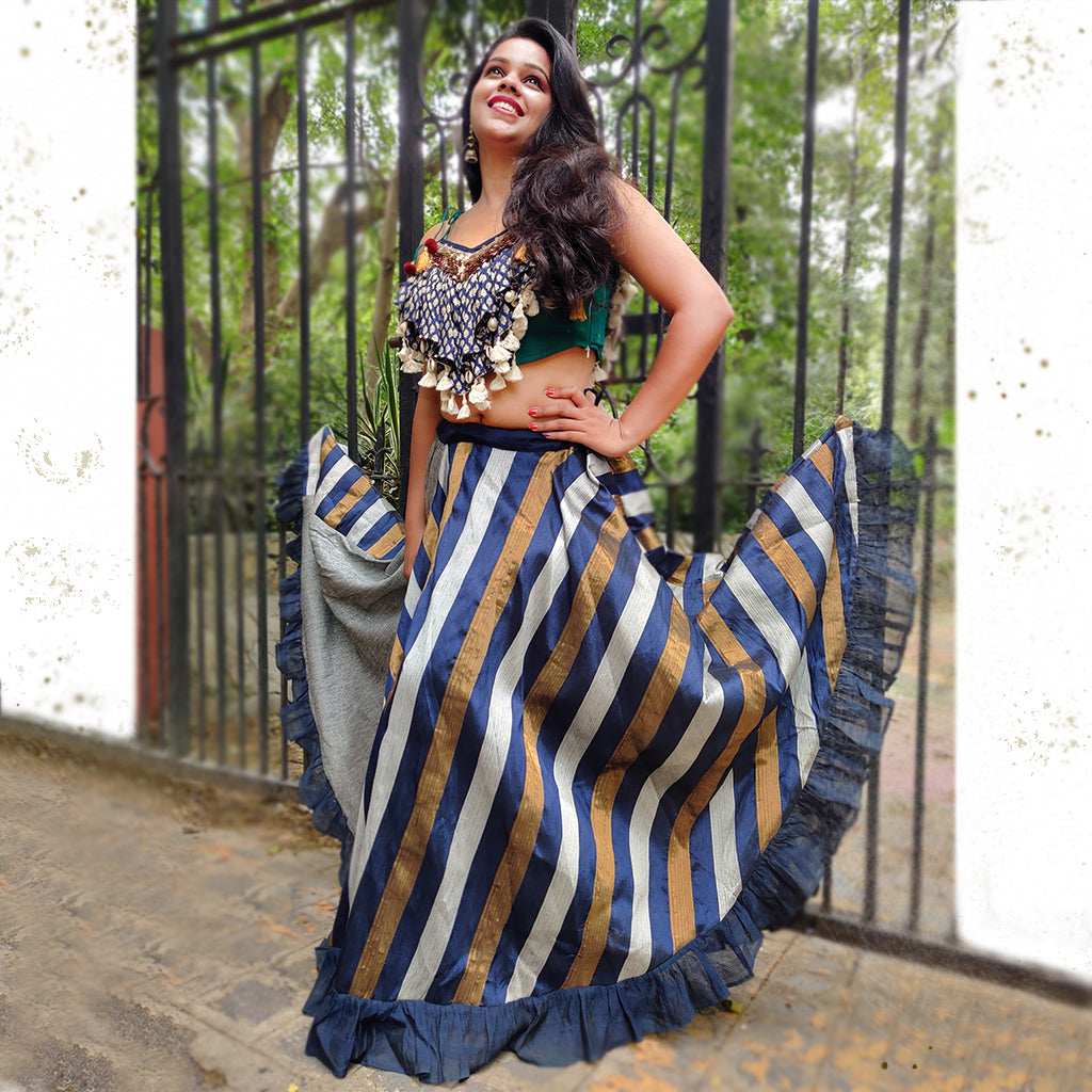 Jhilmil Crop Top With Striped Blue Skirt