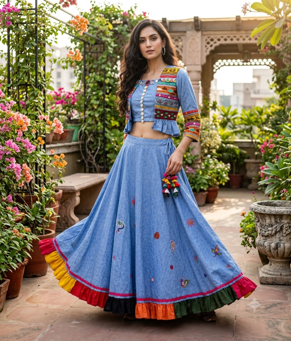Model in a blue cotton chambray lehenga set featuring an embroidered short jacket, cowrie shell crop top, and a flared skirt with a multi-colored ruffled hem in an outdoor garden setting.