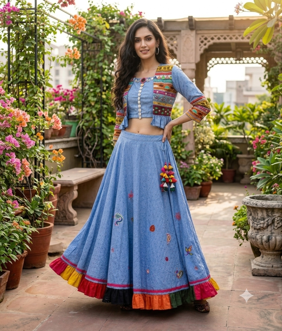 Model in a blue cotton chambray lehenga set featuring an embroidered short jacket, cowrie shell crop top, and a flared skirt with a multi-colored ruffled hem in an outdoor garden setting.
