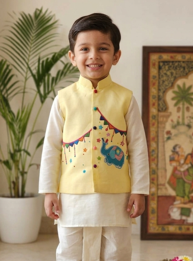 "Young Indian boy posing in a pale yellow hand-embroidered elephant Bundi jacket paired with a traditional ivory kurta and dhoti set."
