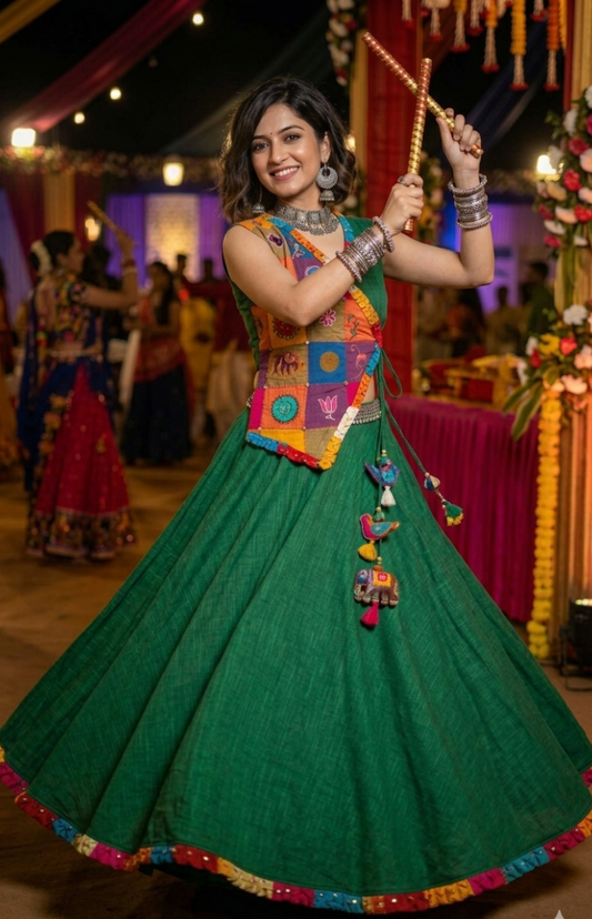 Handcrafted Emerald Green Patchwork Lehenga Set with Angrakha Style Blouse