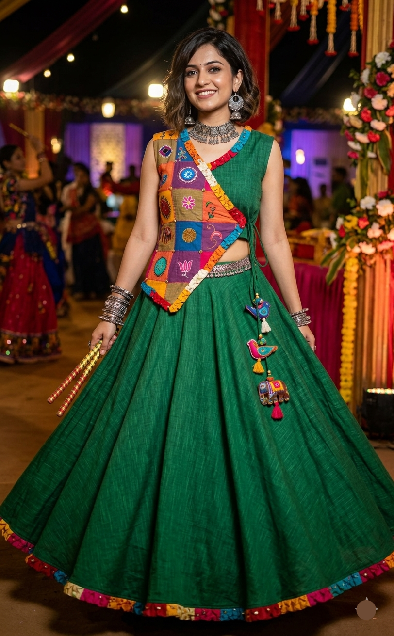 Handcrafted Emerald Green Patchwork Lehenga Set with Angrakha Style Blouse