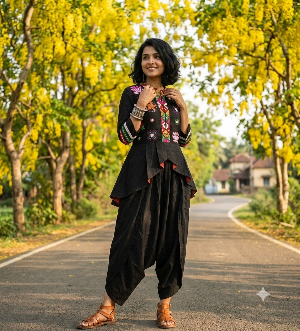 Floral Thread Embroidered Black Peplum Jacket and Dhoti set