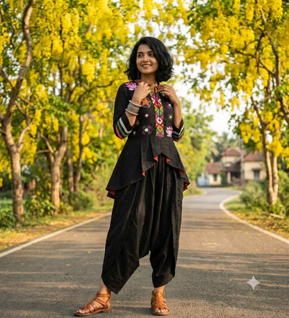 Floral Thread Embroidered Black Peplum Jacket and Dhoti set