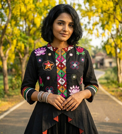 Floral Thread Embroidered Black Peplum Jacket and Dhoti set