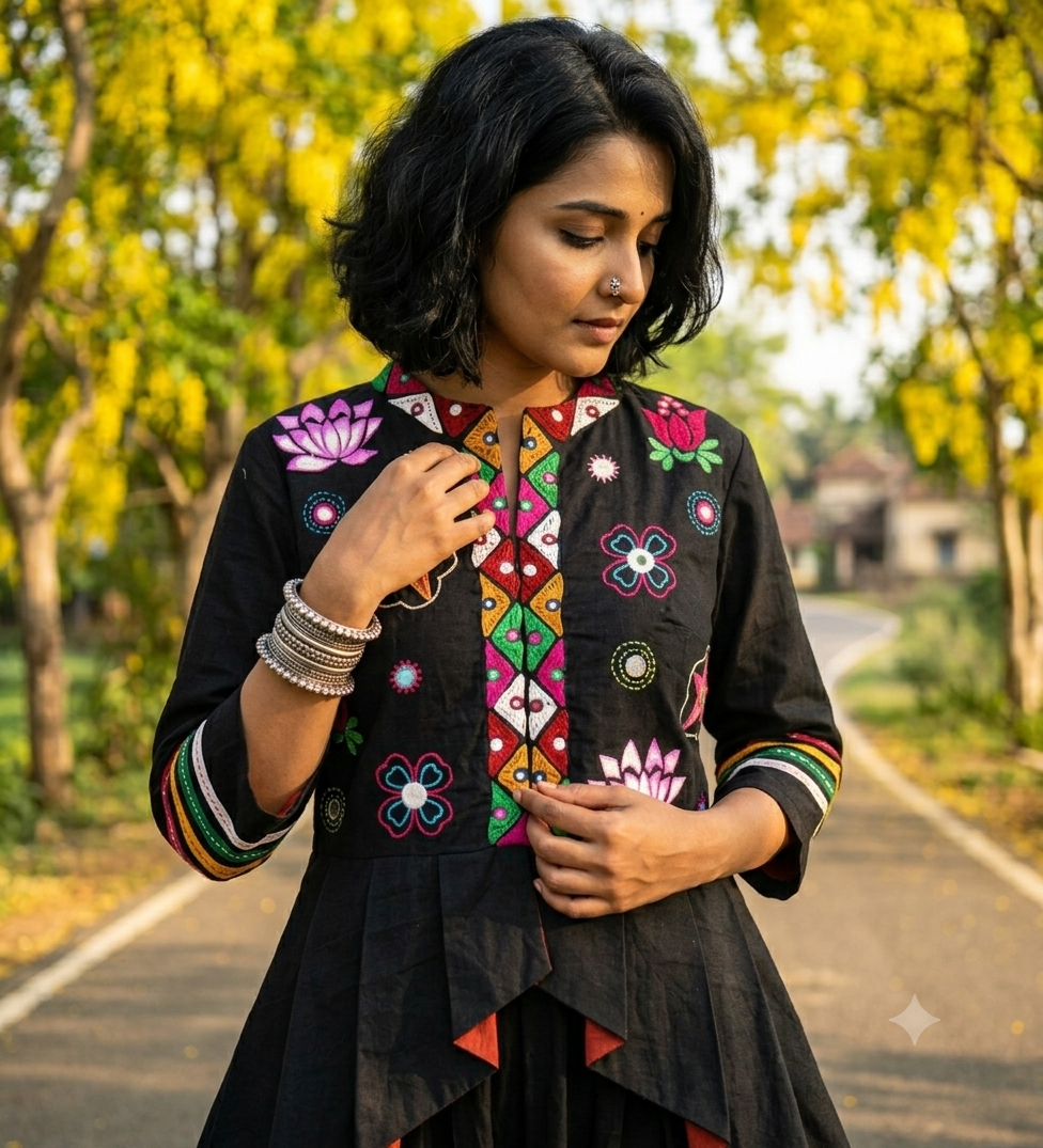 Floral Thread Embroidered Black Peplum Jacket and Dhoti set